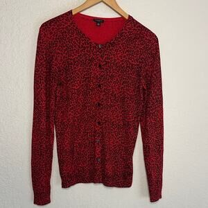 Ann Taylor Red Cheetah Animal Print Cardigan Sweater Silk Cashmere Medium Fall